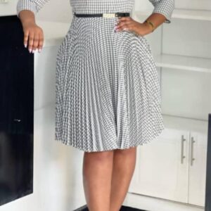 Black & White Checkered V-Neck Dress with Belt
