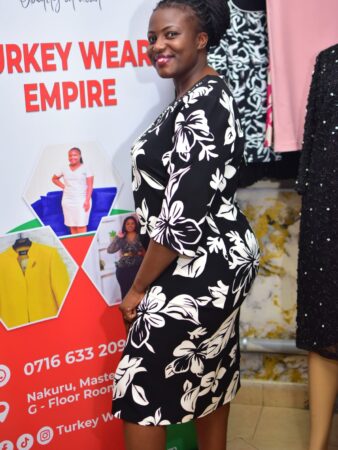 Shop the classic Monochrome Bloom Turkish dress at Turkey Wear Empire. Authentic Turkey quality, sizes 44-50. KSh 11,500. Located at Masters Plaza Nakuru. Delivery in Nairobi & countrywide.